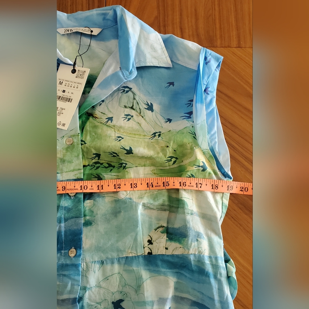 Zara Japanese Nature Watercolor Bird Print belted Midi Shirt Dress NWT 2183/014 - Picture 8 of 11